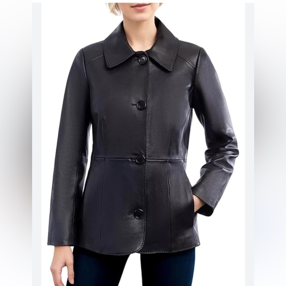 Anne Klein Black Leather Blazer Jacket size large mob wife old money